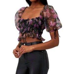 Puff sleeve crop top - black and purple